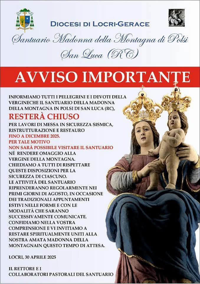 Polsi (RC) - Chiuso il Santuario della Madonna della Montagna